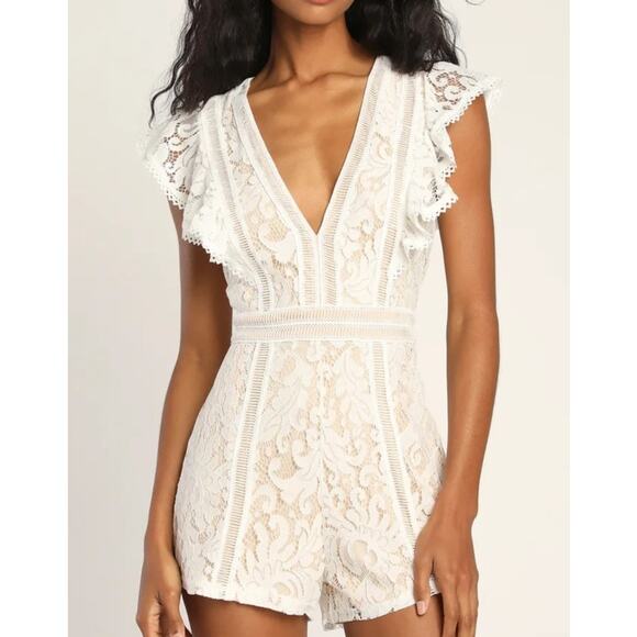 Lulus Pants - Lulus All The Attraction Lace Short Sleeve Romper White Large